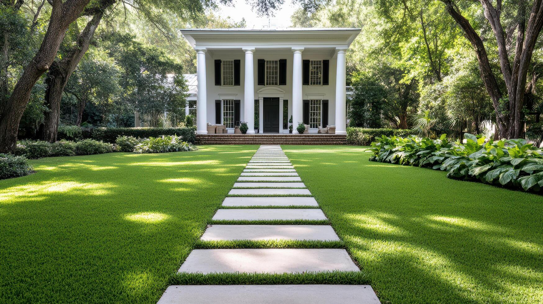 A lawn with a stone walkway leading to a white house photo