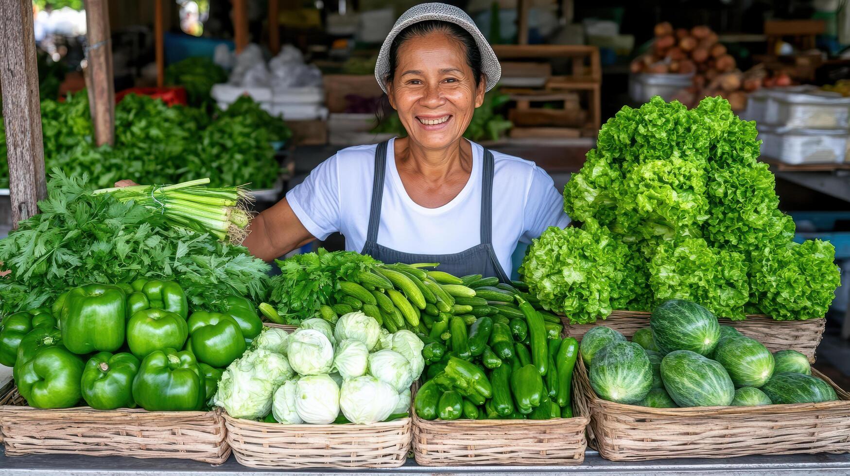 A woman is smiling behind a table full of vegetables photo