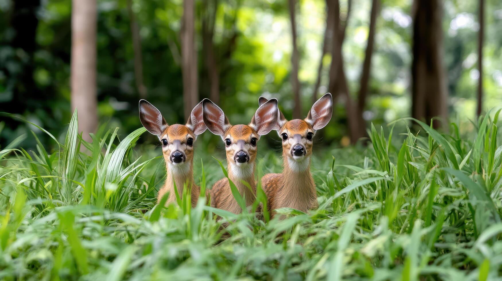 Three deer standing in the grass with their heads facing the camera photo