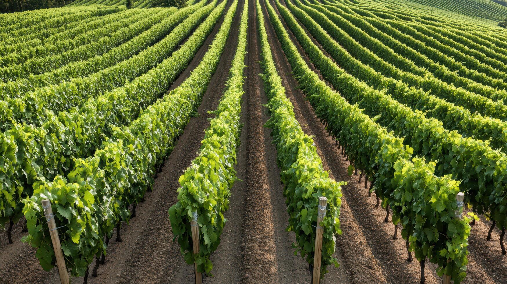 Rows of green grapes in a vineyard photo