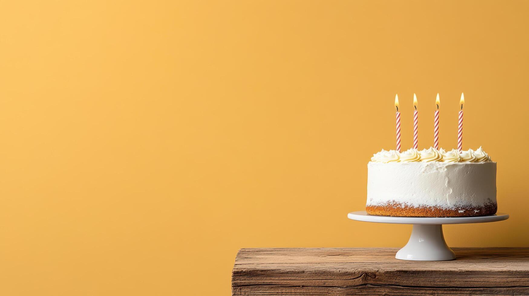A cake with candles on top of a wooden table photo