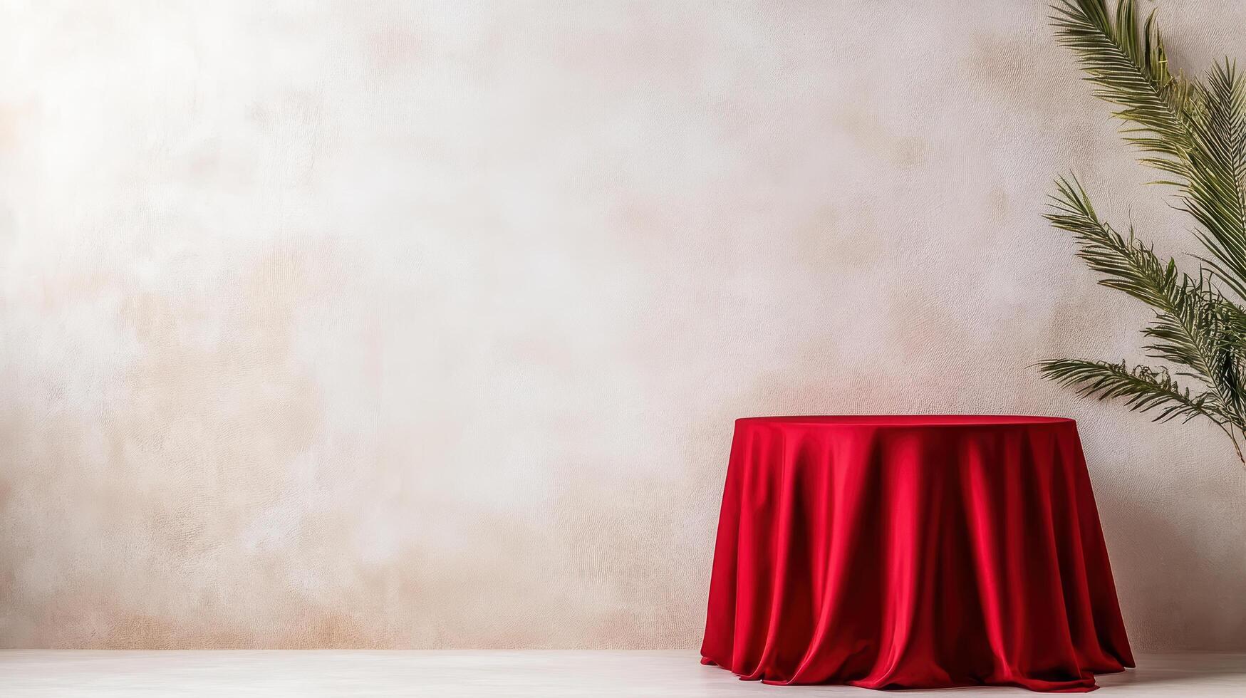 Red tablecloth with palm tree in front of wall photo