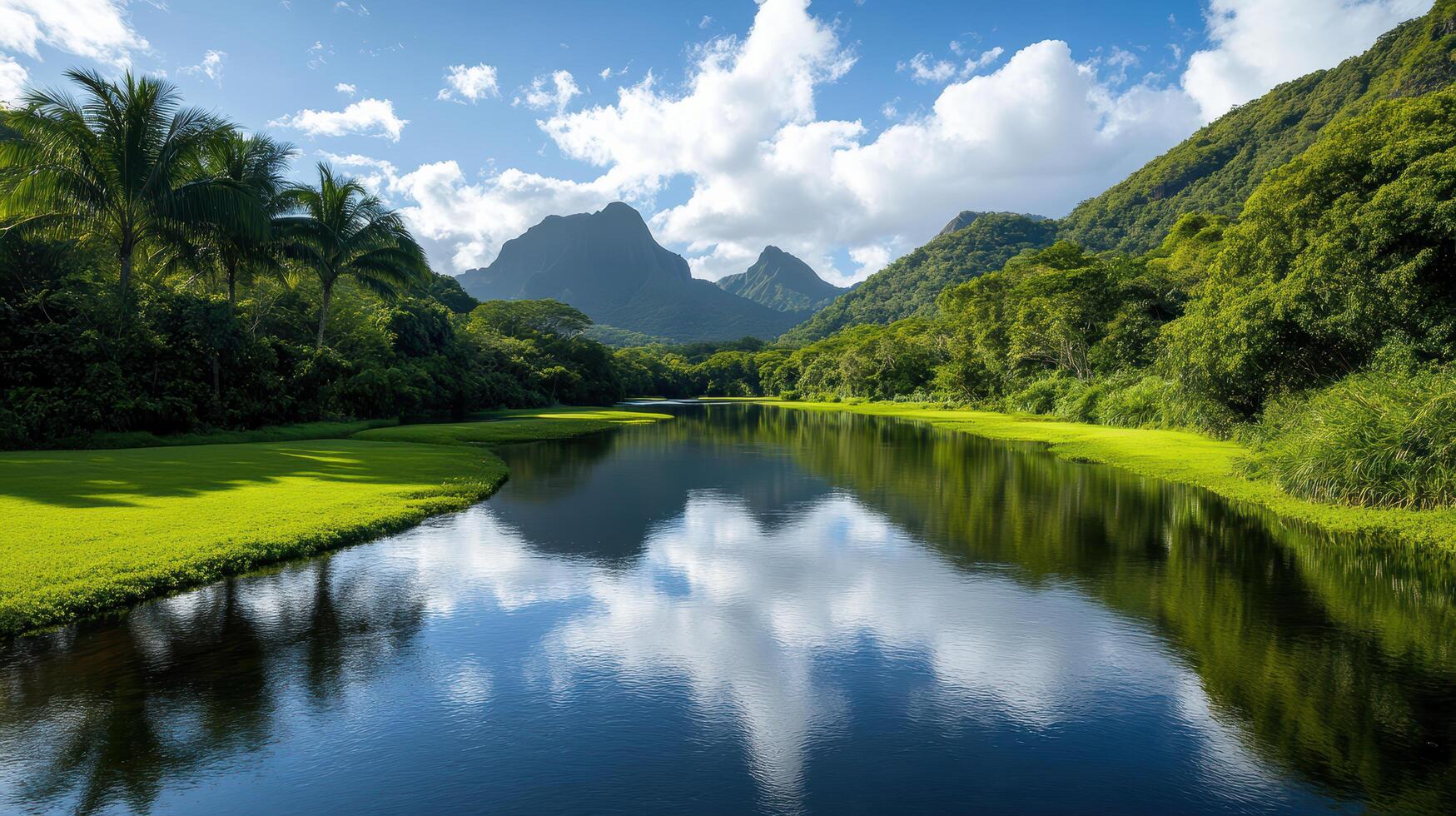 A river in the middle of a lush green field photo