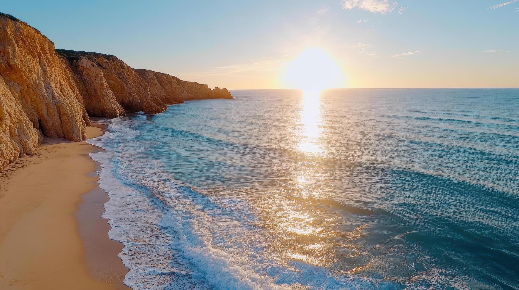 A beach with cliffs and the sun setting over the ocean photo