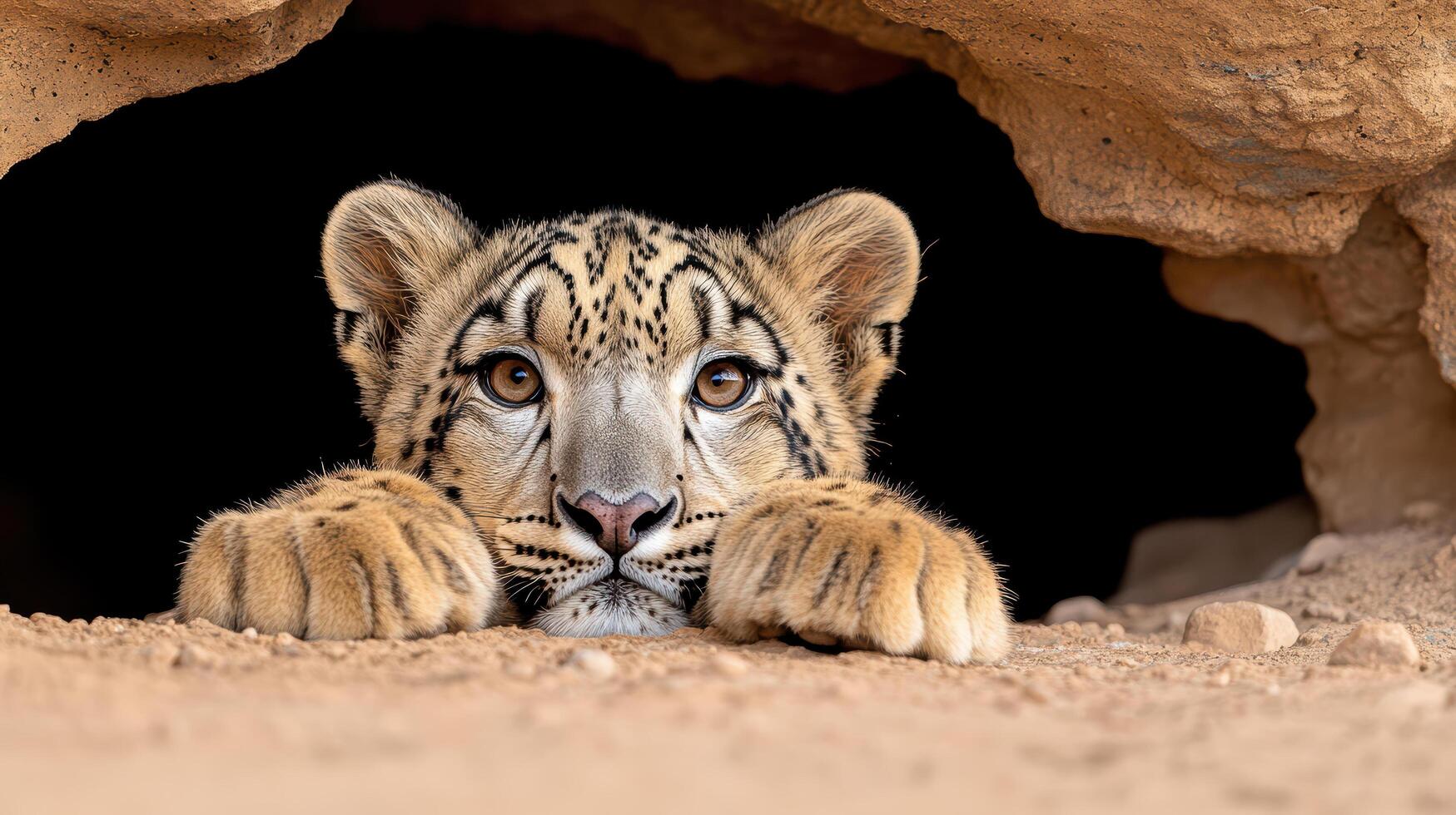 A tiger cub peeking out from a cave photo