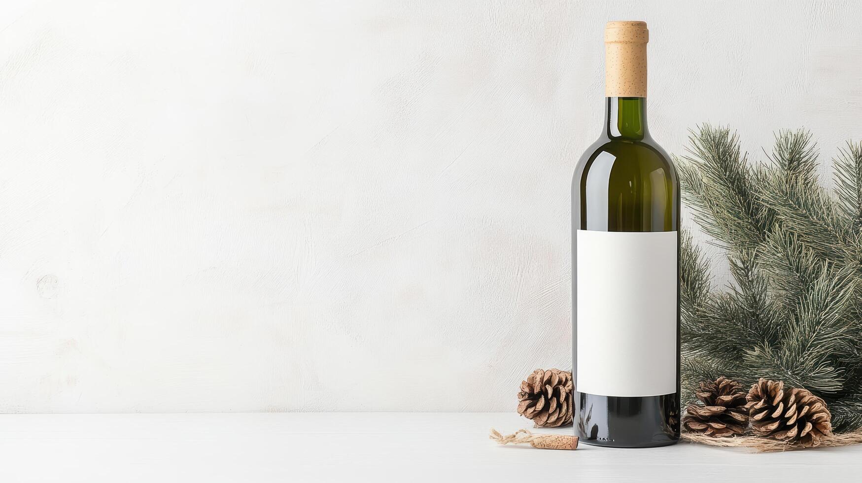 A bottle of wine and pine cones on a white background photo
