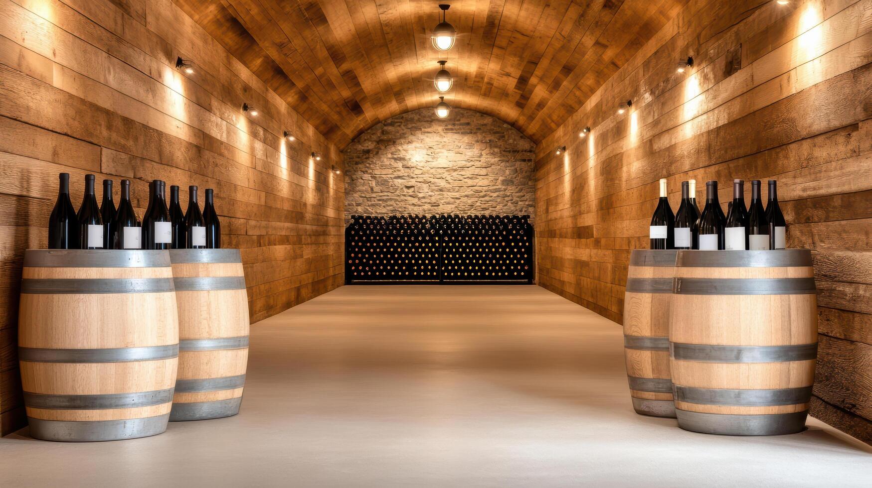 Wine cellar with wooden barrels and bottles in a tunnel photo