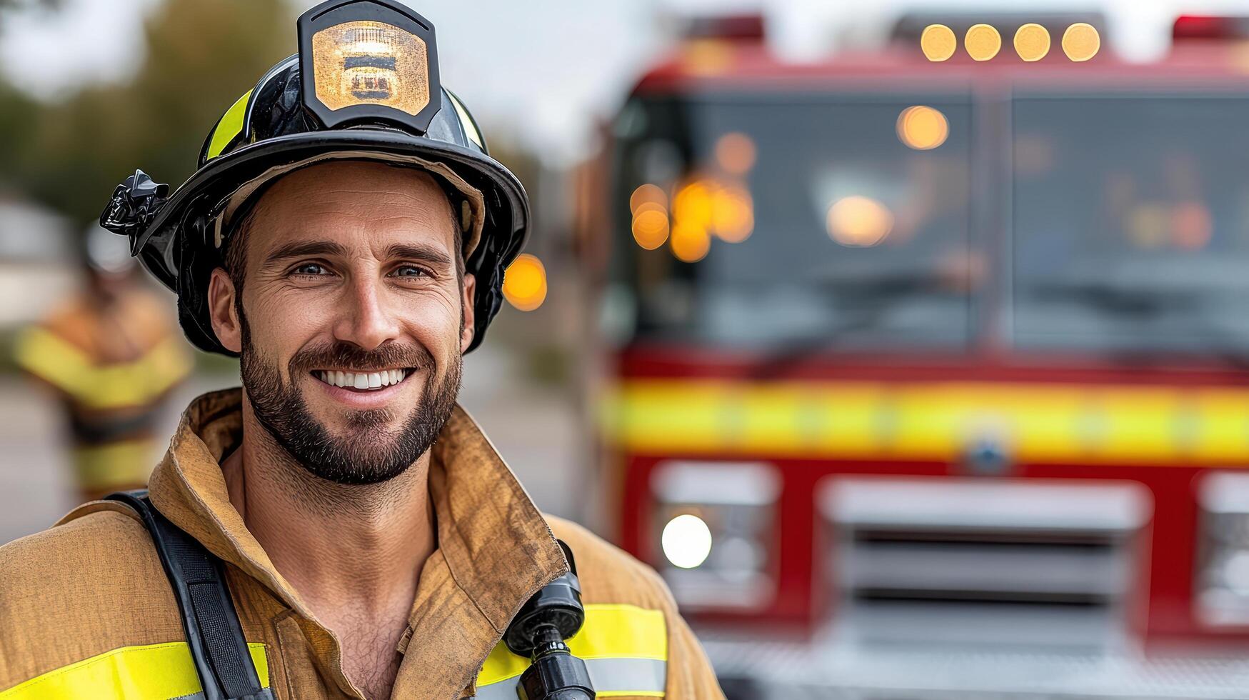 A smiling fireman in front of a fire truck photo