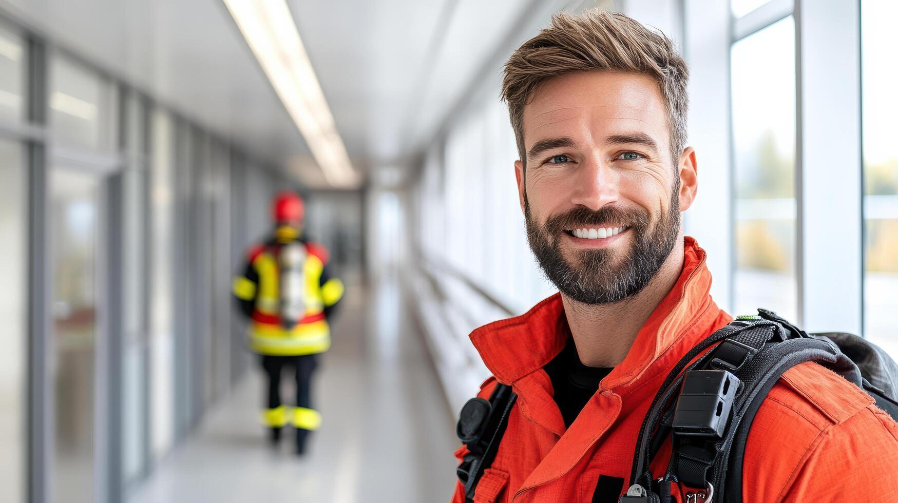 A man in an orange jacket and backpack is smiling photo