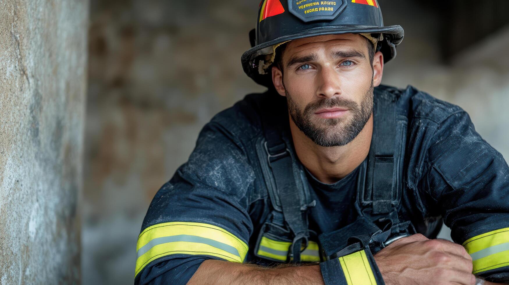 A man in a fireman uniform is sitting on the ground photo