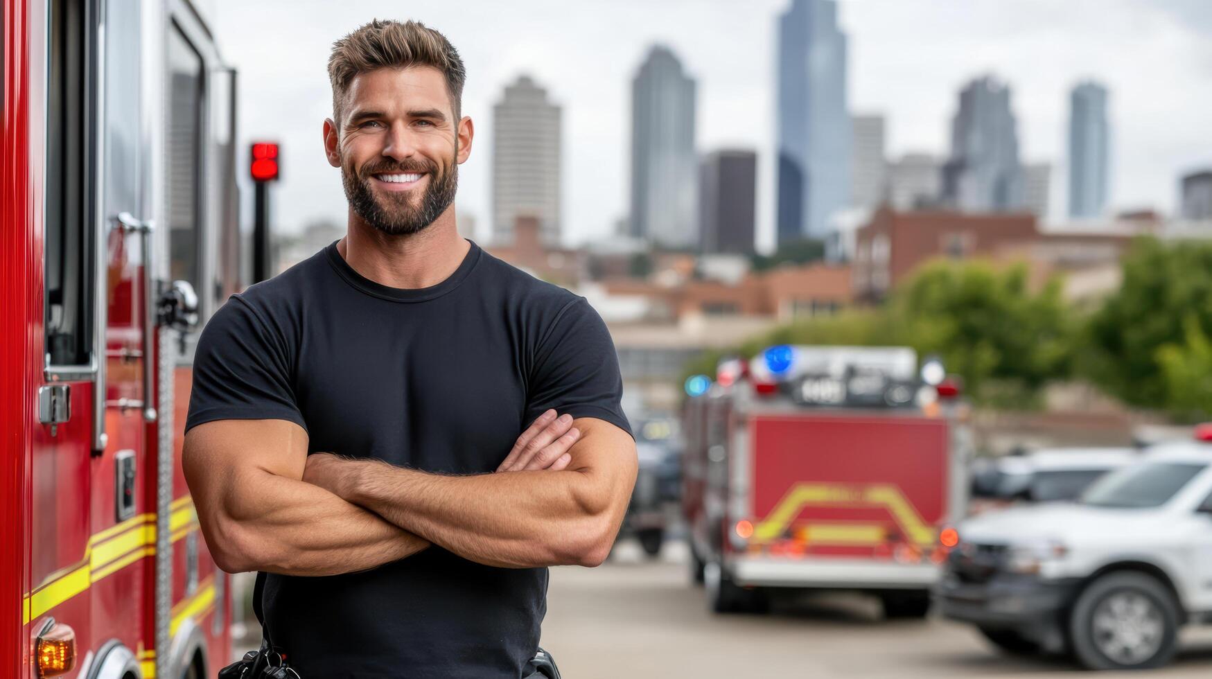 A man with a beard standing in front of a fire truck photo