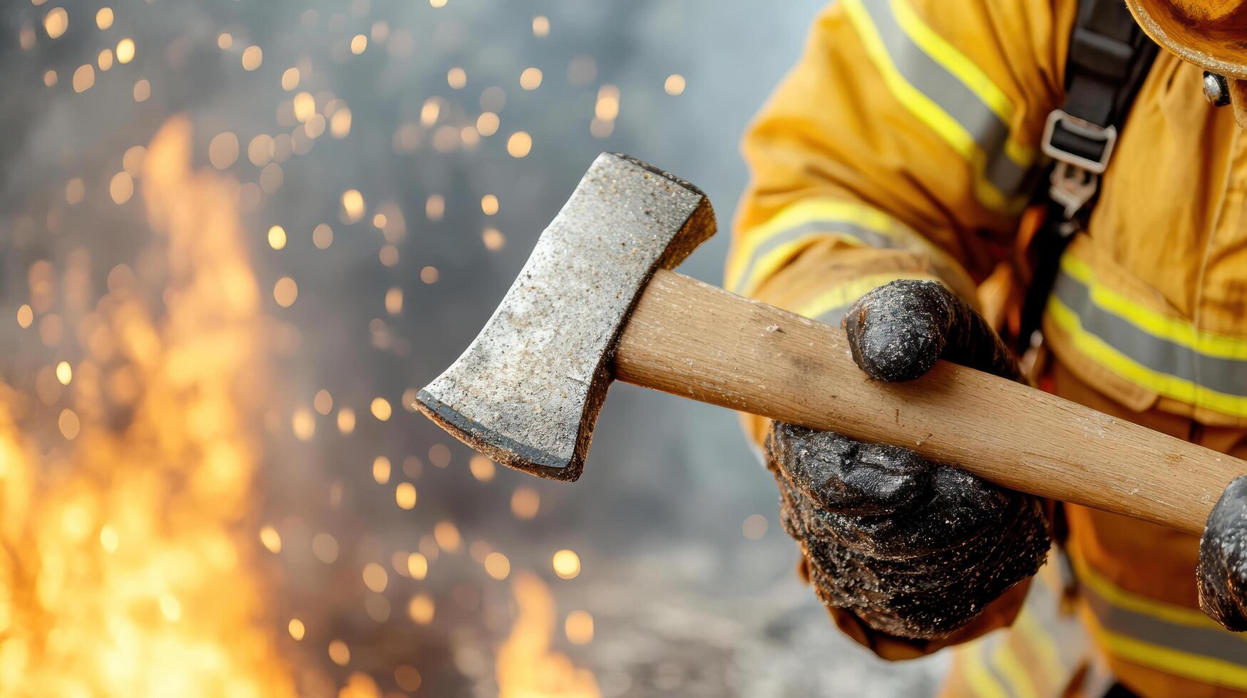 A firefighter holding an axe in front of a fire photo