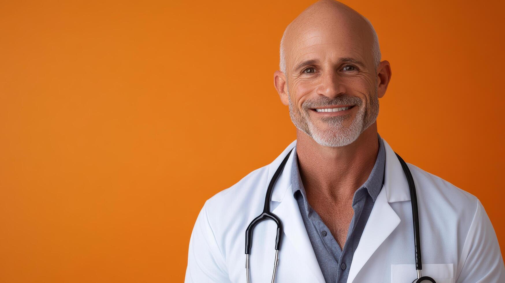 A man in a white lab coat standing in front of an orange background photo
