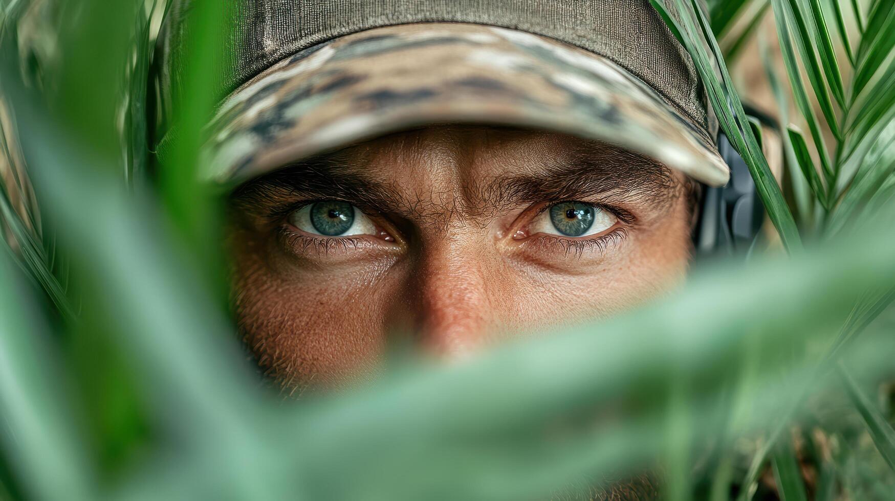 A man in camouflage is peeking out from behind the foliage photo
