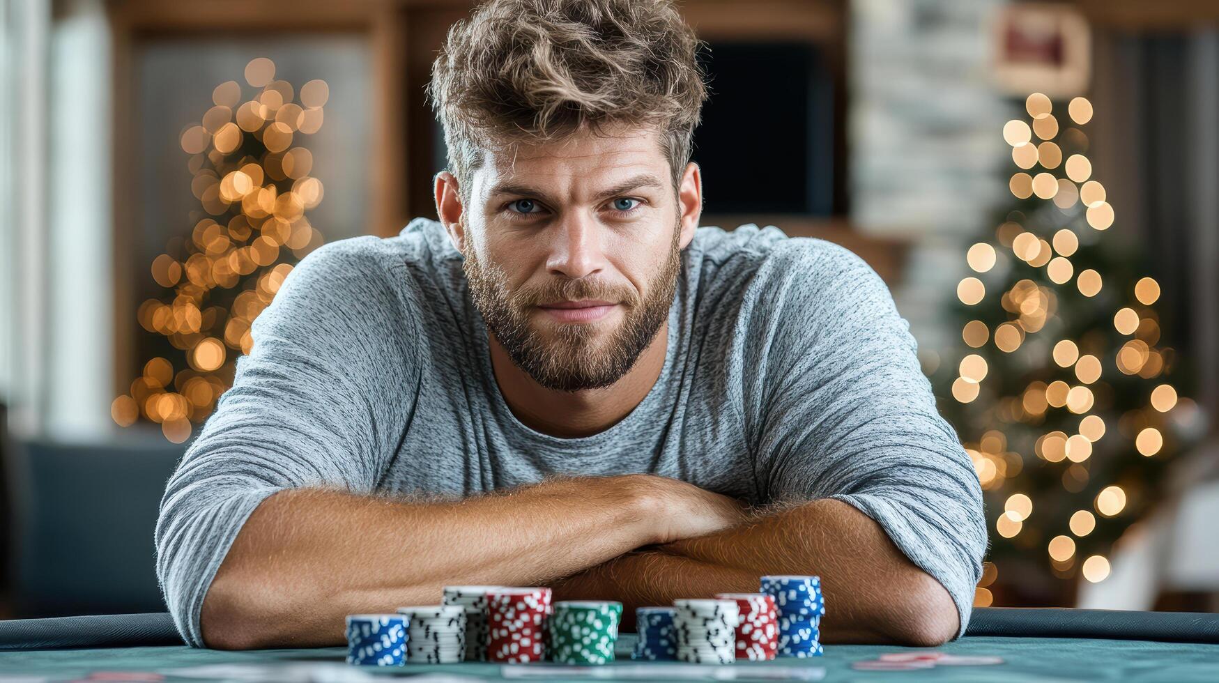 A man sitting at a poker table with chips photo