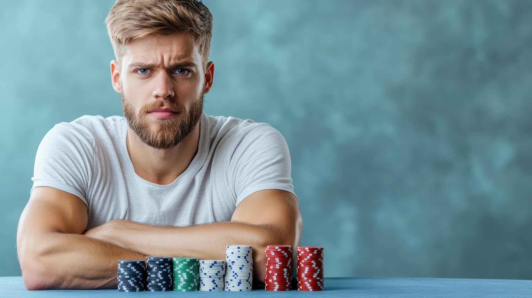 A man with poker chips on a table photo