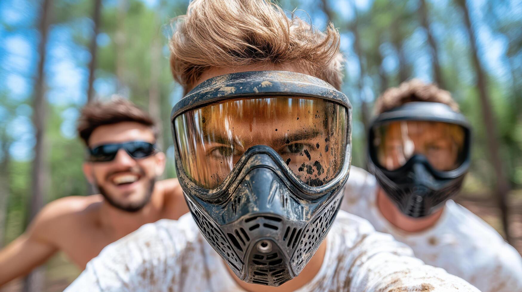 Three men wearing paintball masks and sunglasses photo