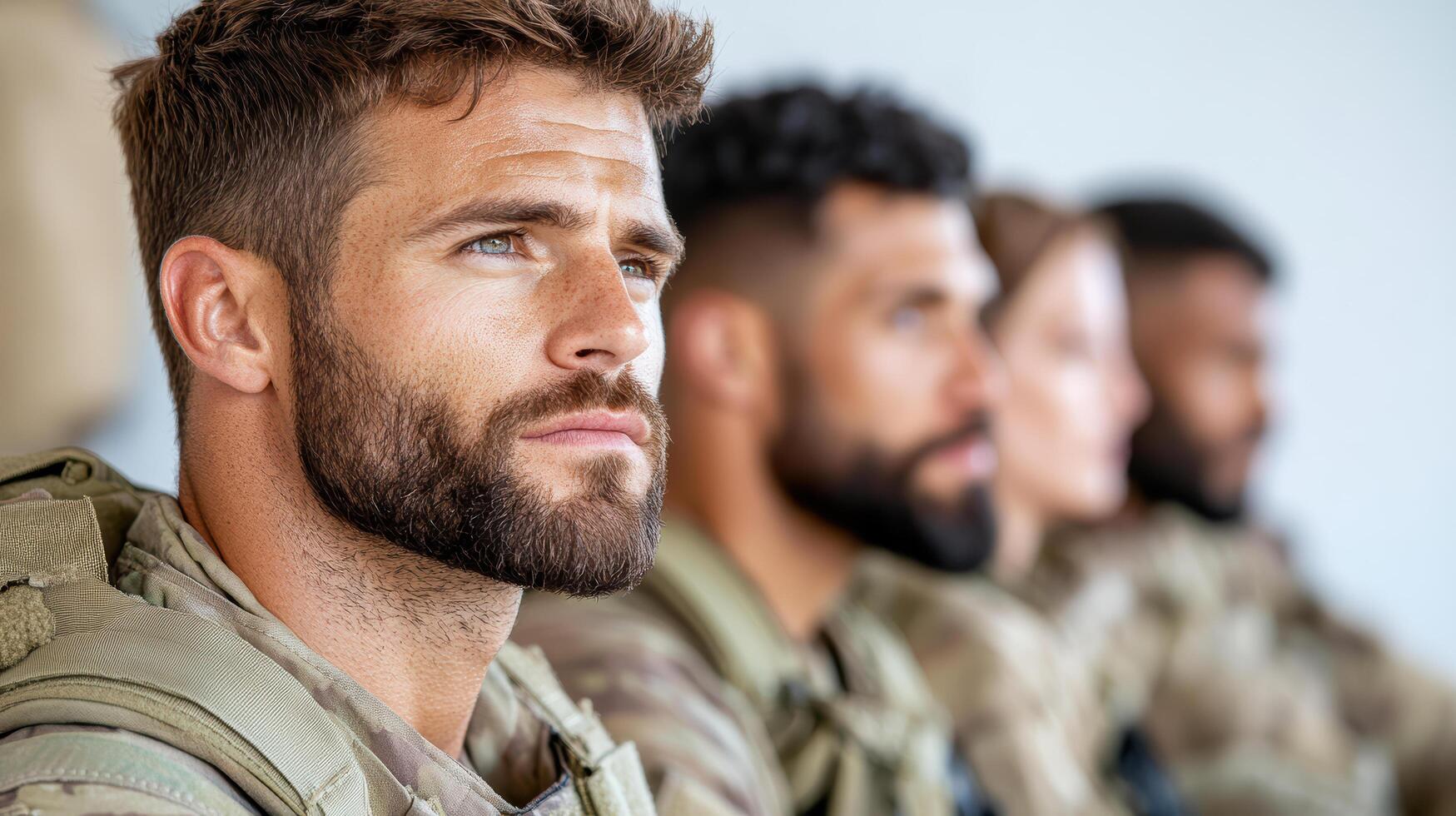 A group of soldiers are sitting in a row photo