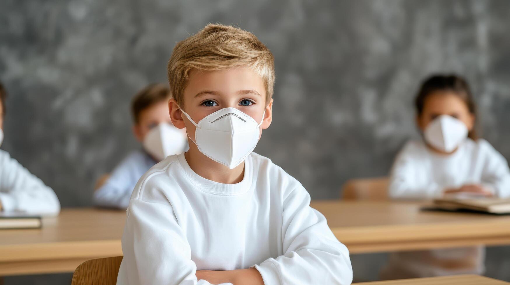 A child wearing a mask in a classroom photo