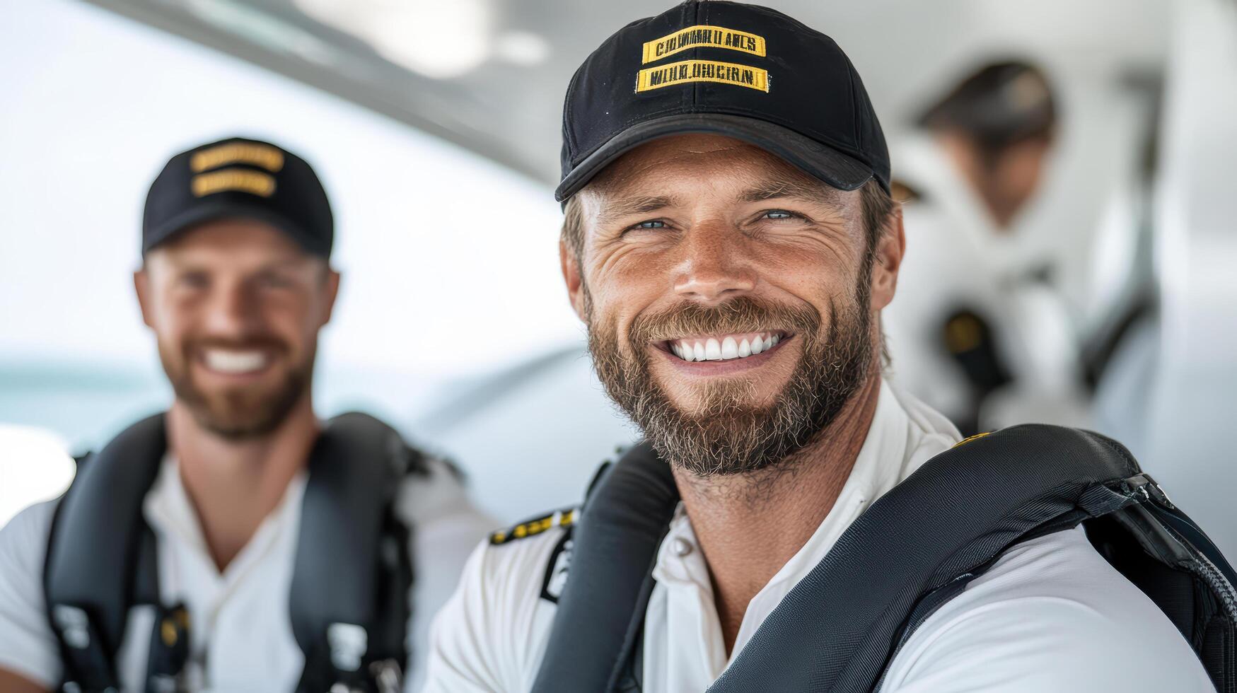 Two men in life jackets smiling and wearing hats photo