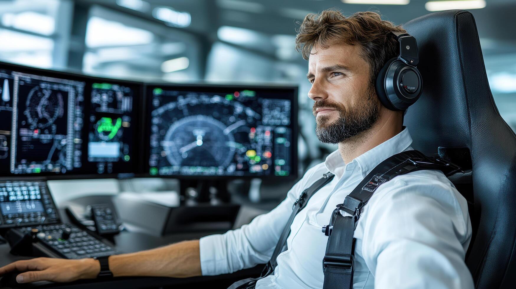 A man wearing headphones in an airplane cockpit photo