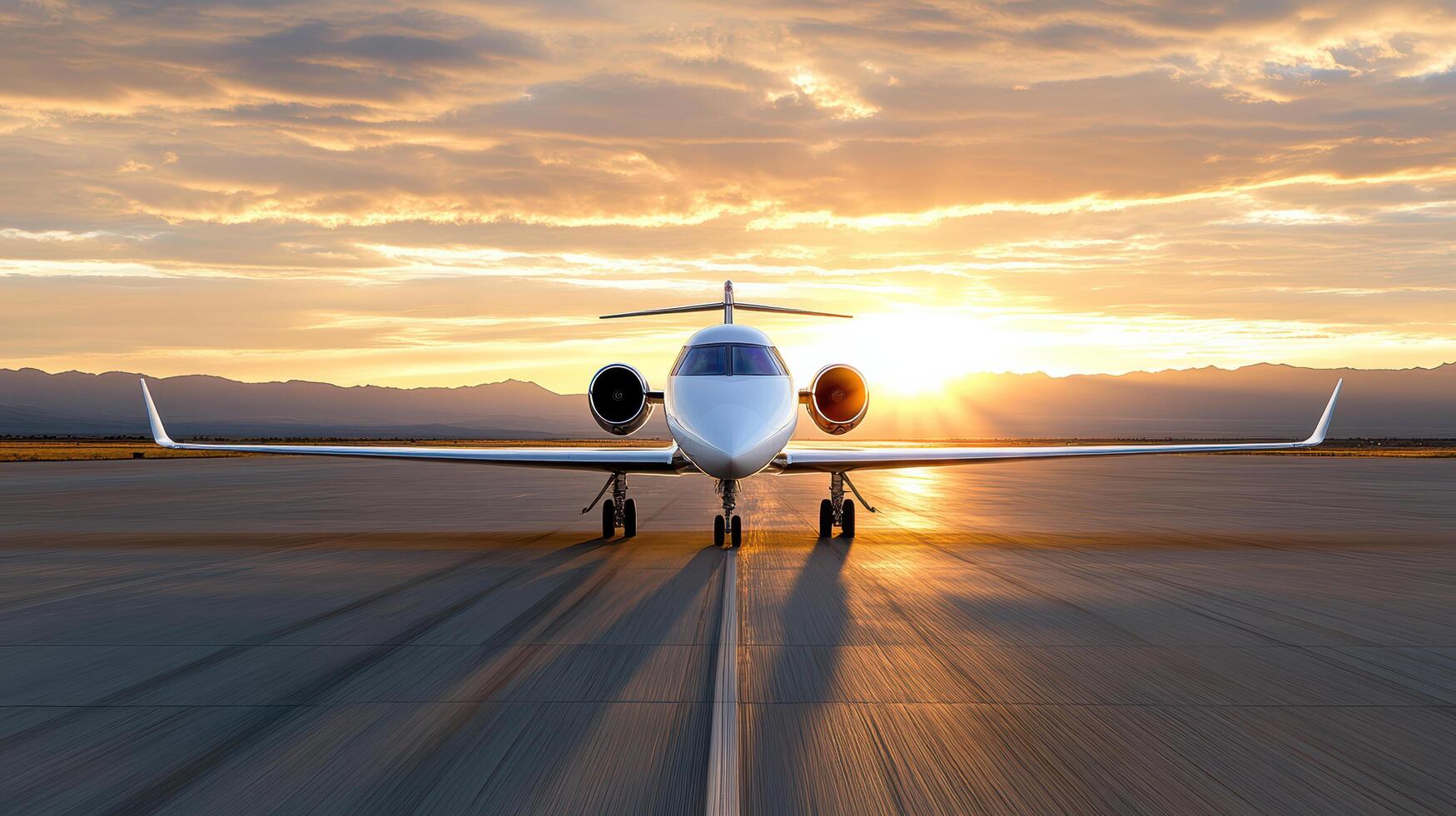 A small airplane on the runway at sunset photo