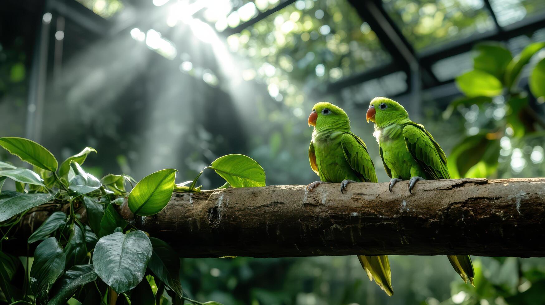 Two green parrots perched on a branch in a tropical environment photo
