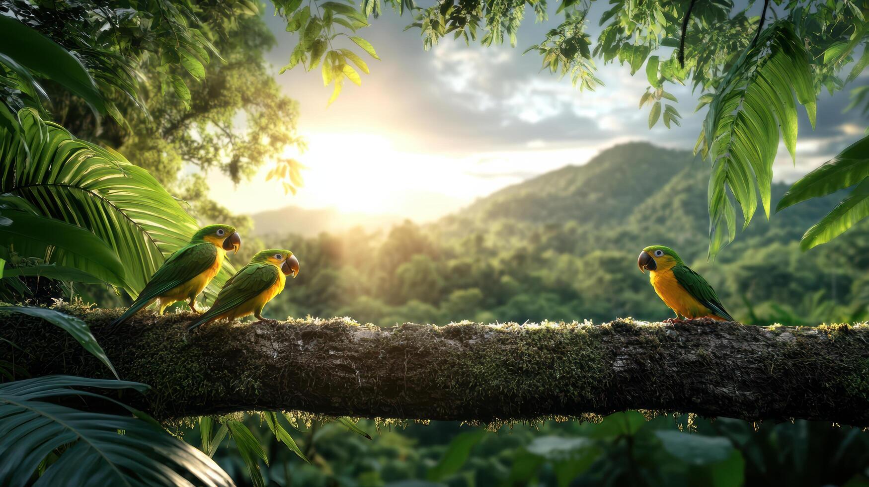 Two parrots sitting on a branch in the jungle photo