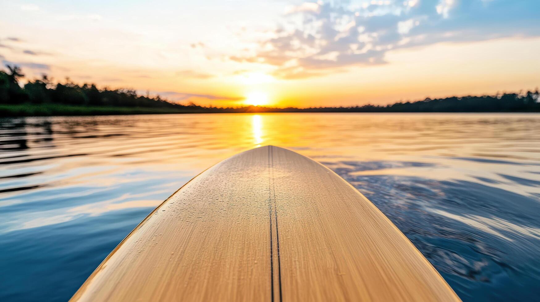 A surfboard is in the water at sunset photo