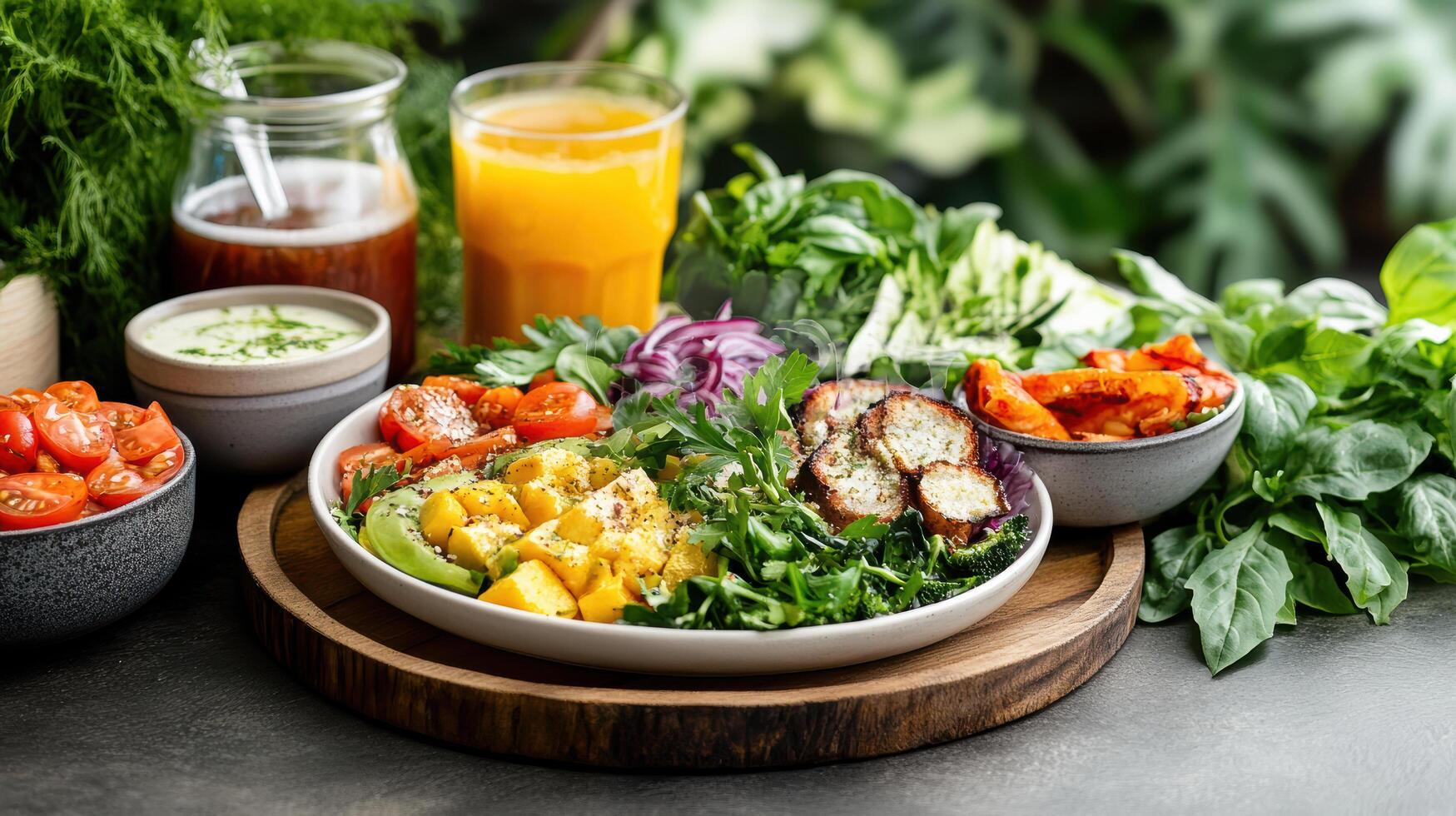 A bowl of salad with vegetables and fruit on a table photo