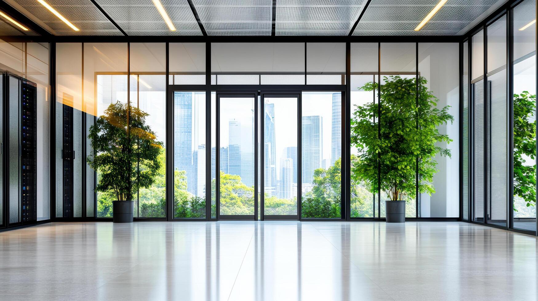 An empty office with large windows and a potted plant photo