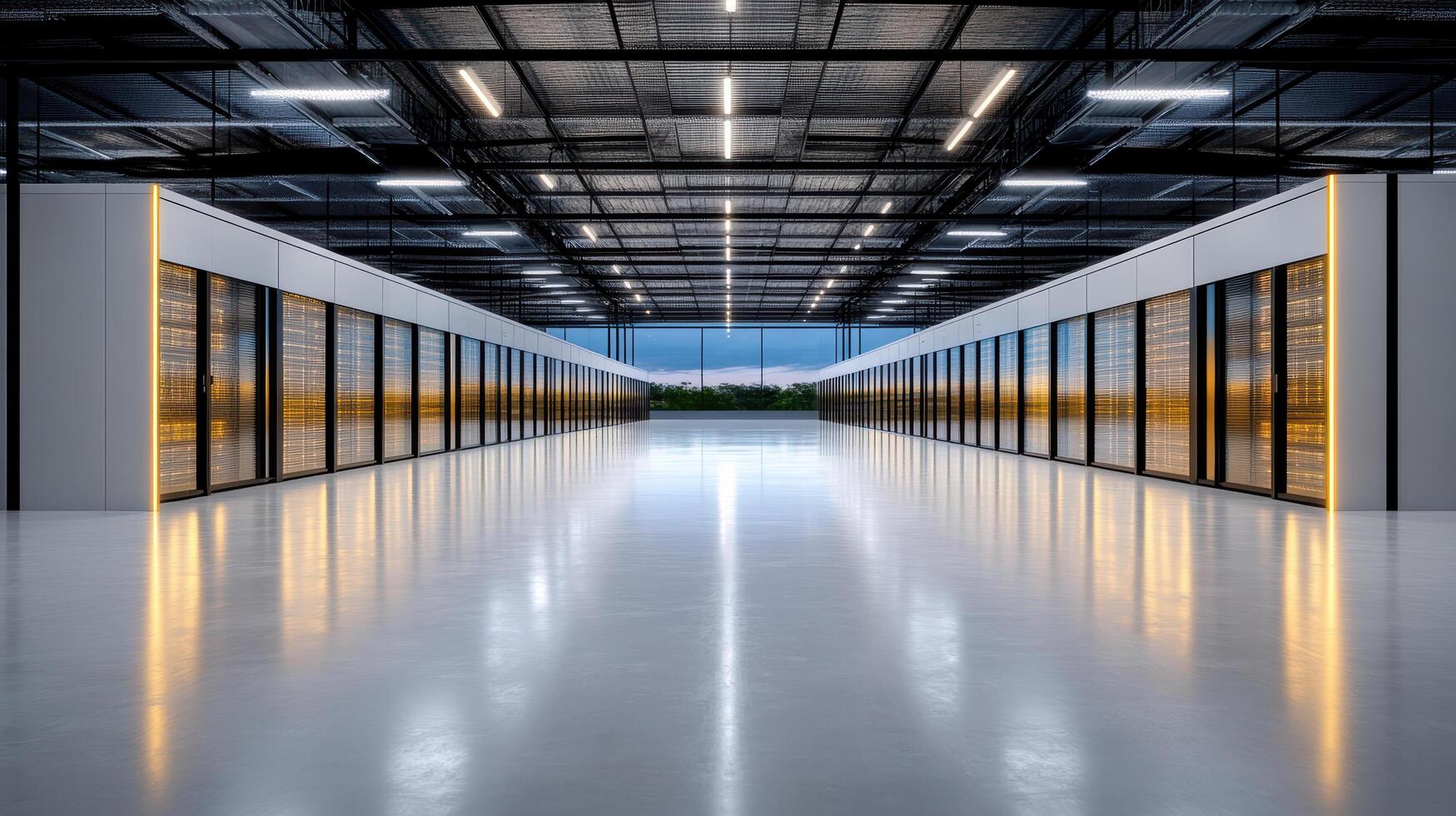 A long hallway with rows of servers in a large building photo