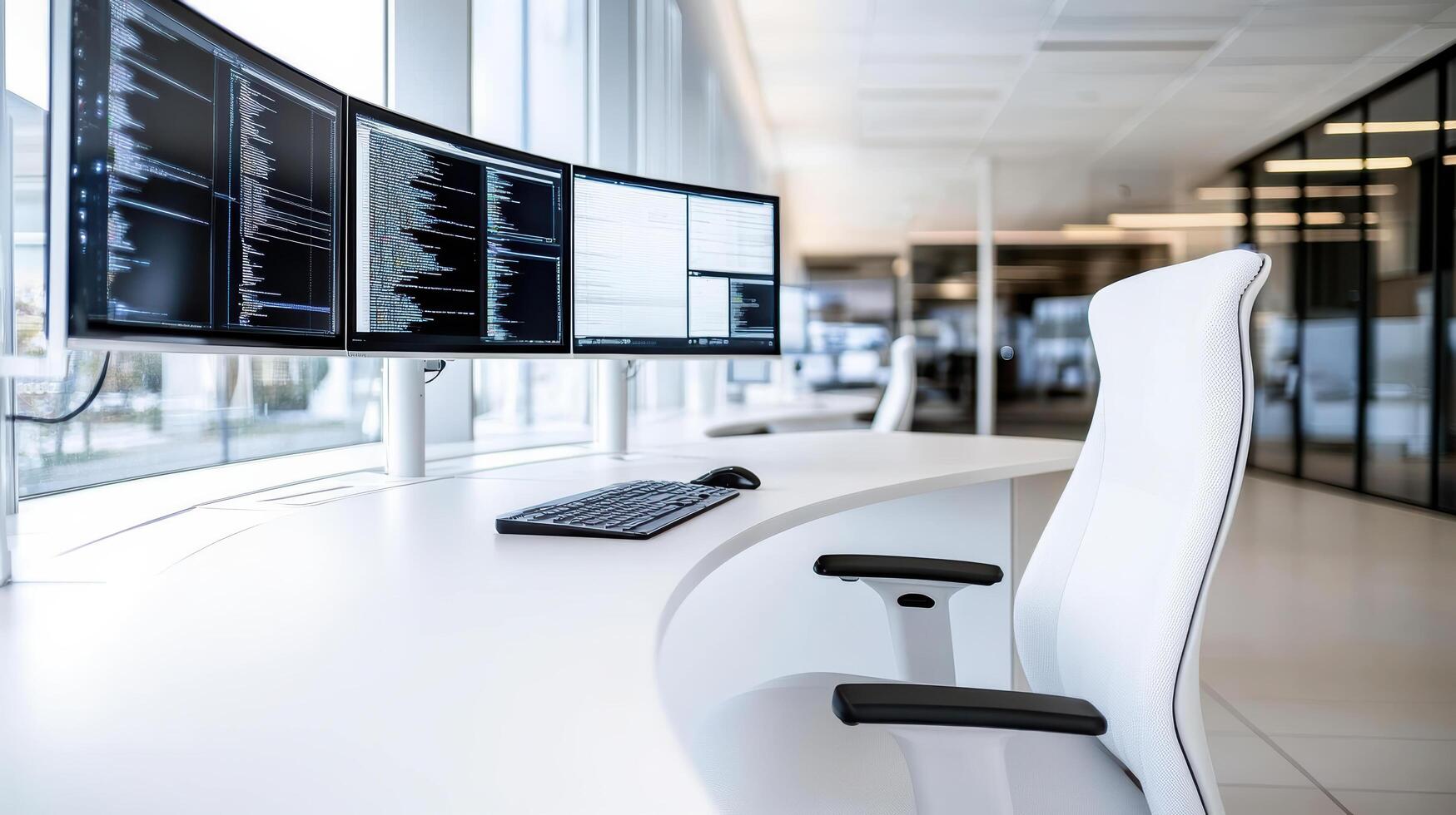 A white desk with two monitors and a keyboard photo