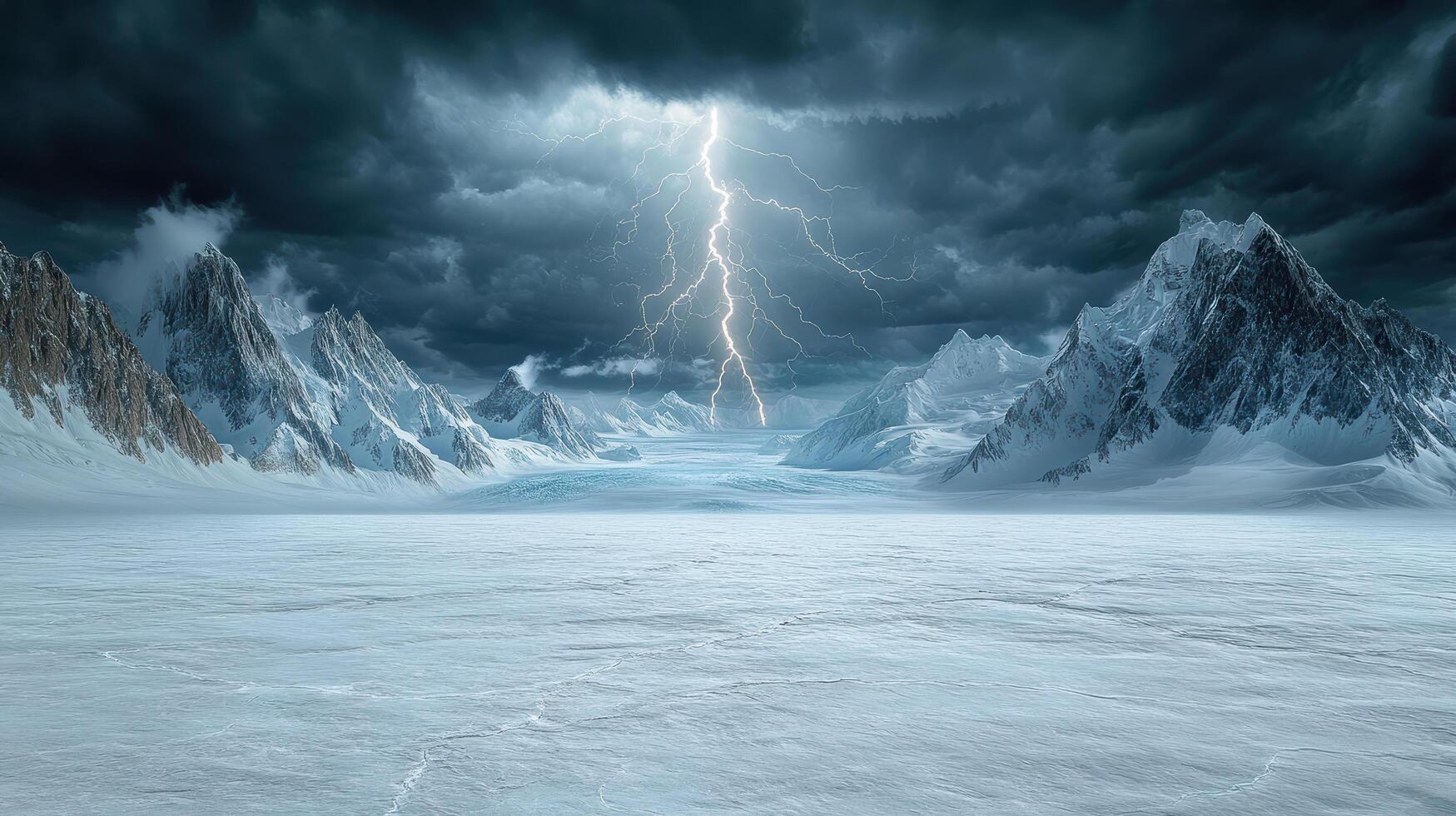 A stormy sky with a lightning bolt coming from the top of a mountain photo