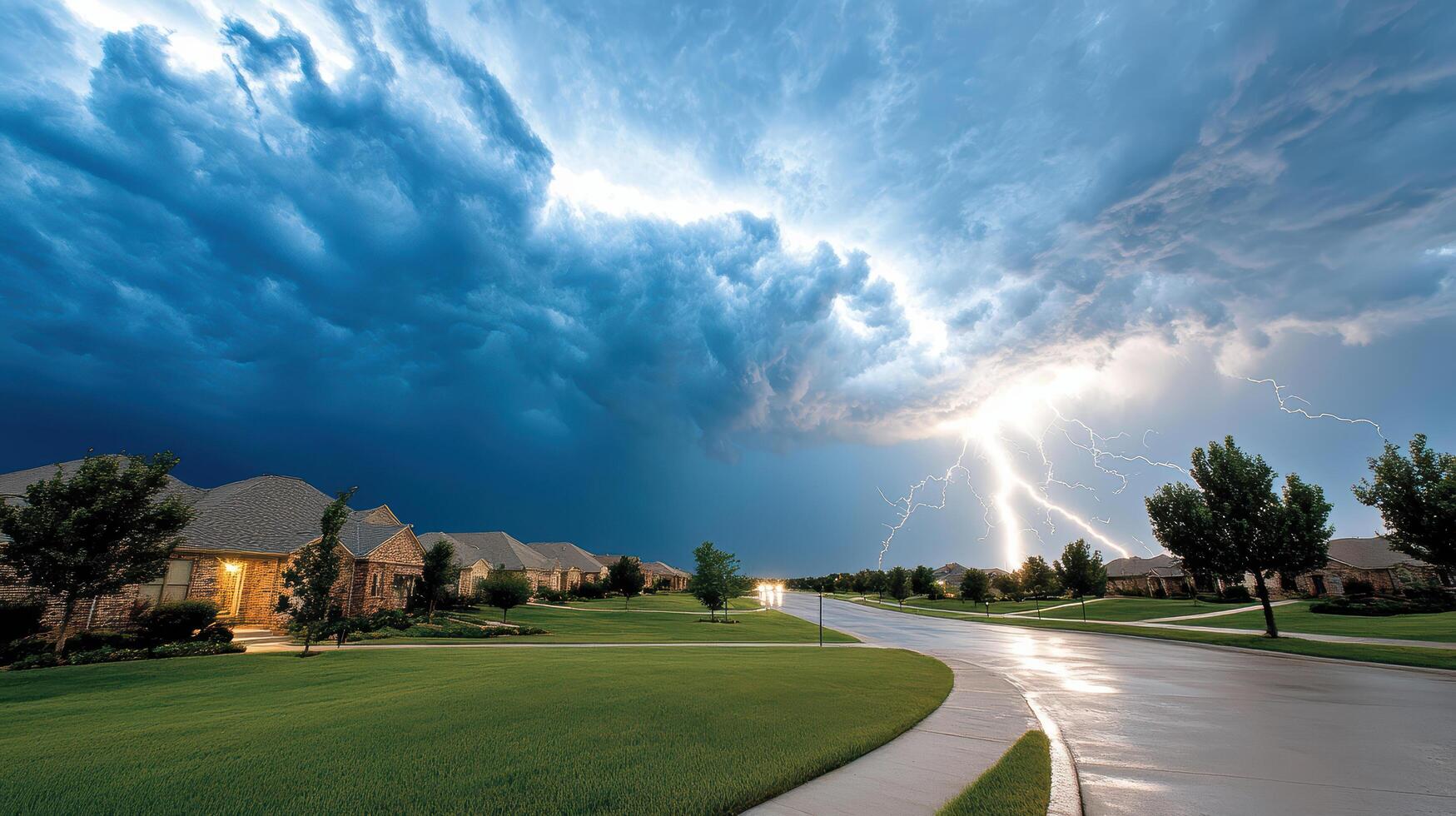 A lightning bolt is seen over a residential neighborhood photo