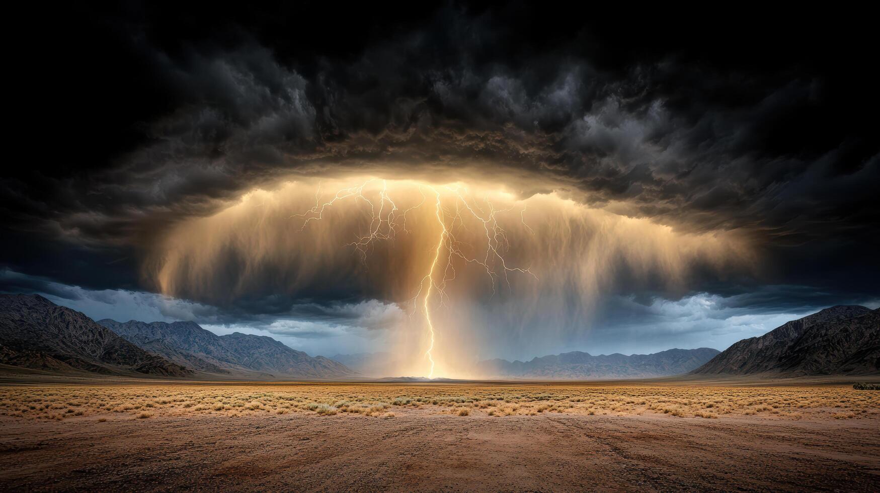 Lightning strike over a desert landscape photo
