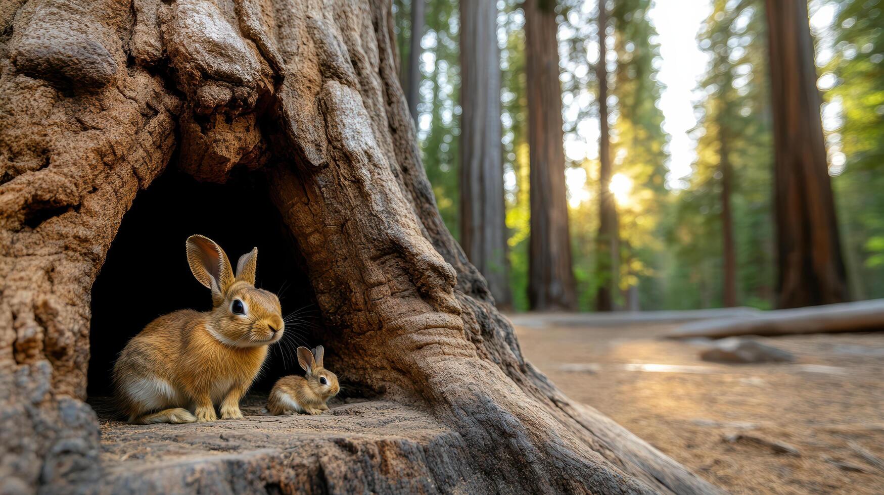 A rabbit and its baby are sitting in a hollow tree photo