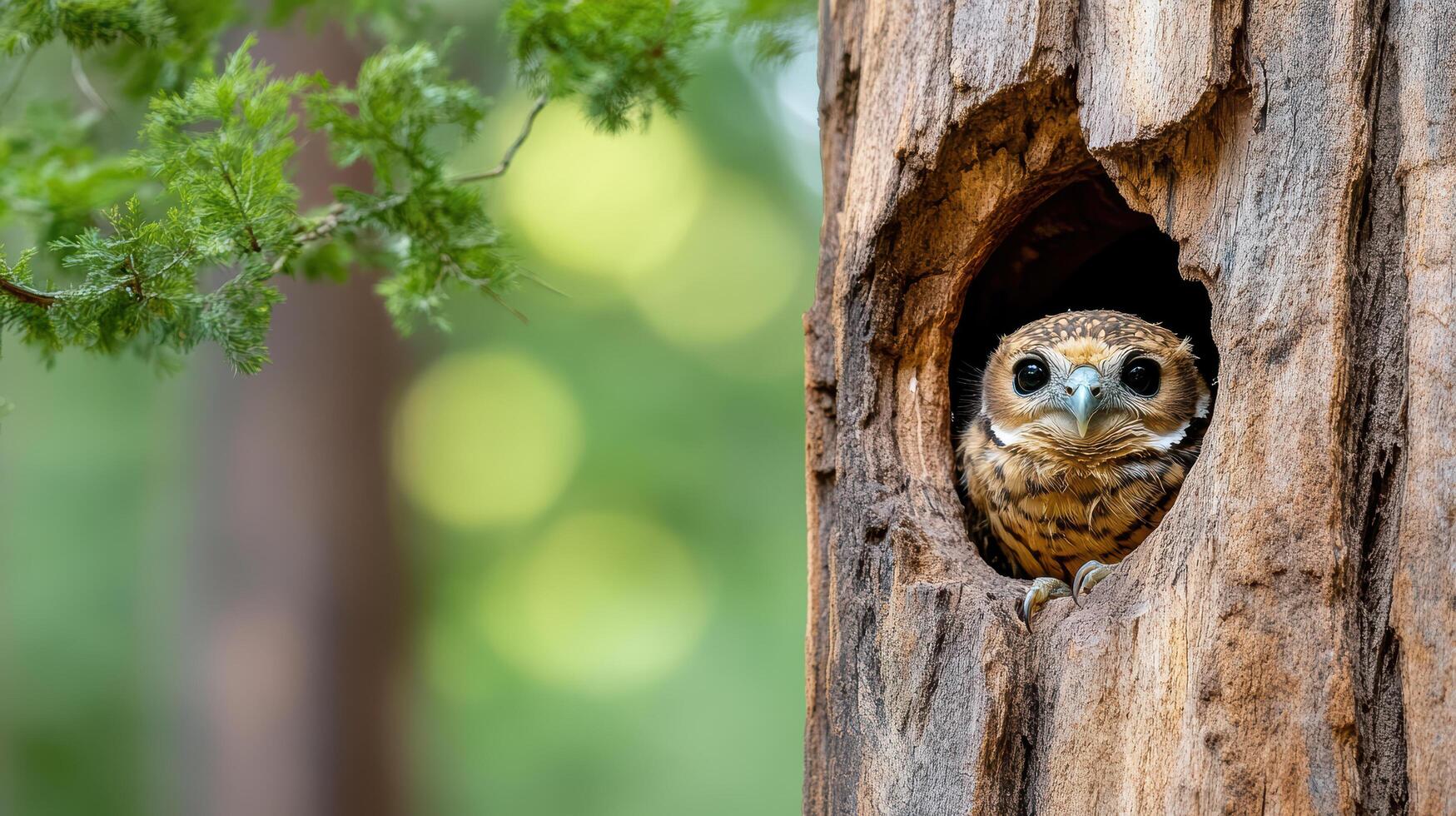 A small owl peeks out of a hole in a tree photo