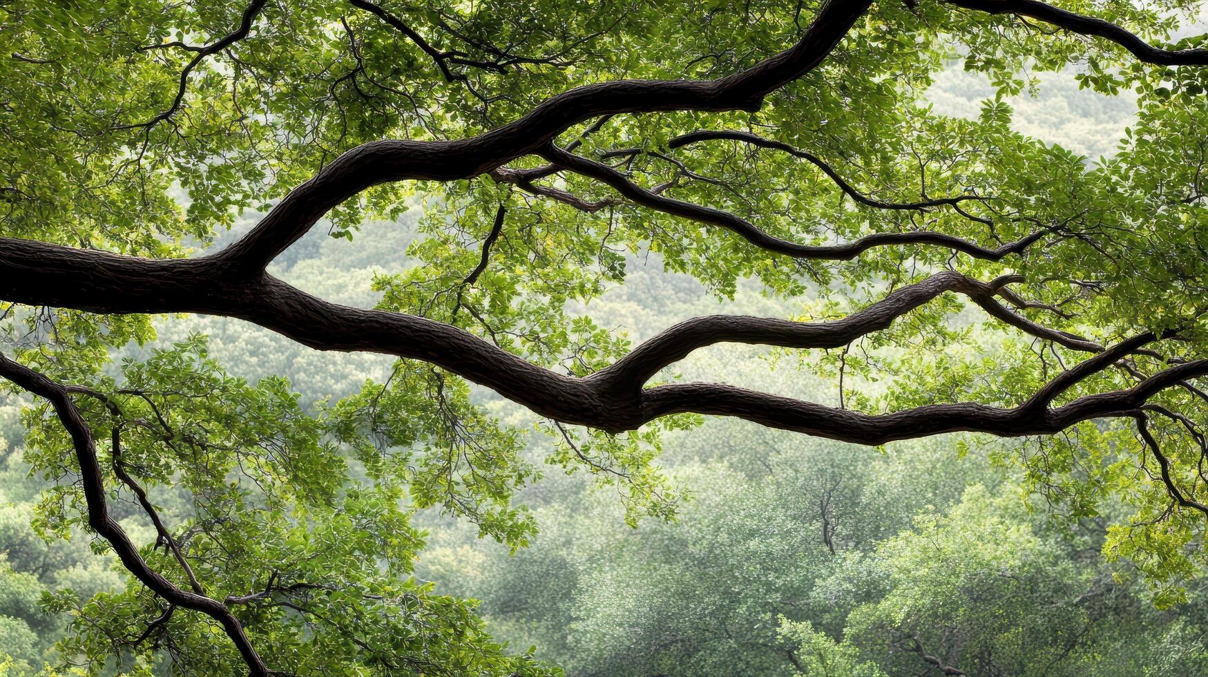 A tree branch with leaves and branches in the forest photo