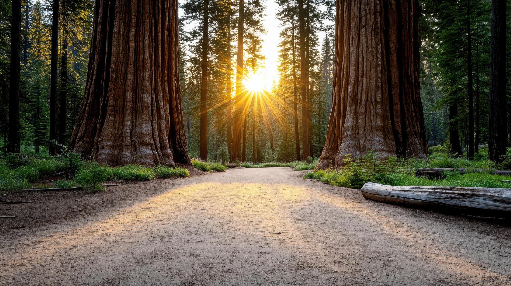 A path through a forest with trees and sun photo