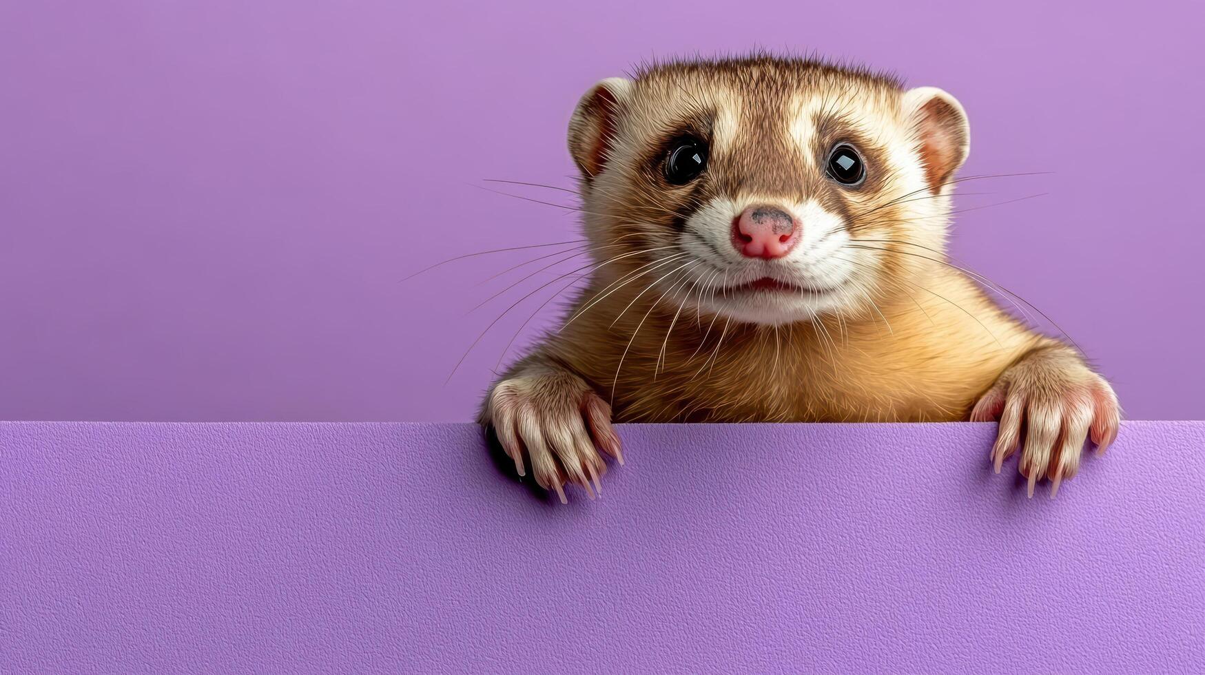 A ferret peeking over a purple wall photo