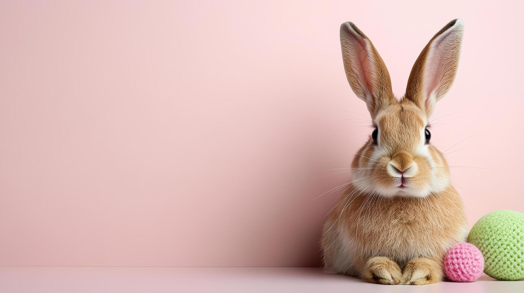 A rabbit is sitting next to a bunch of colorful eggs photo