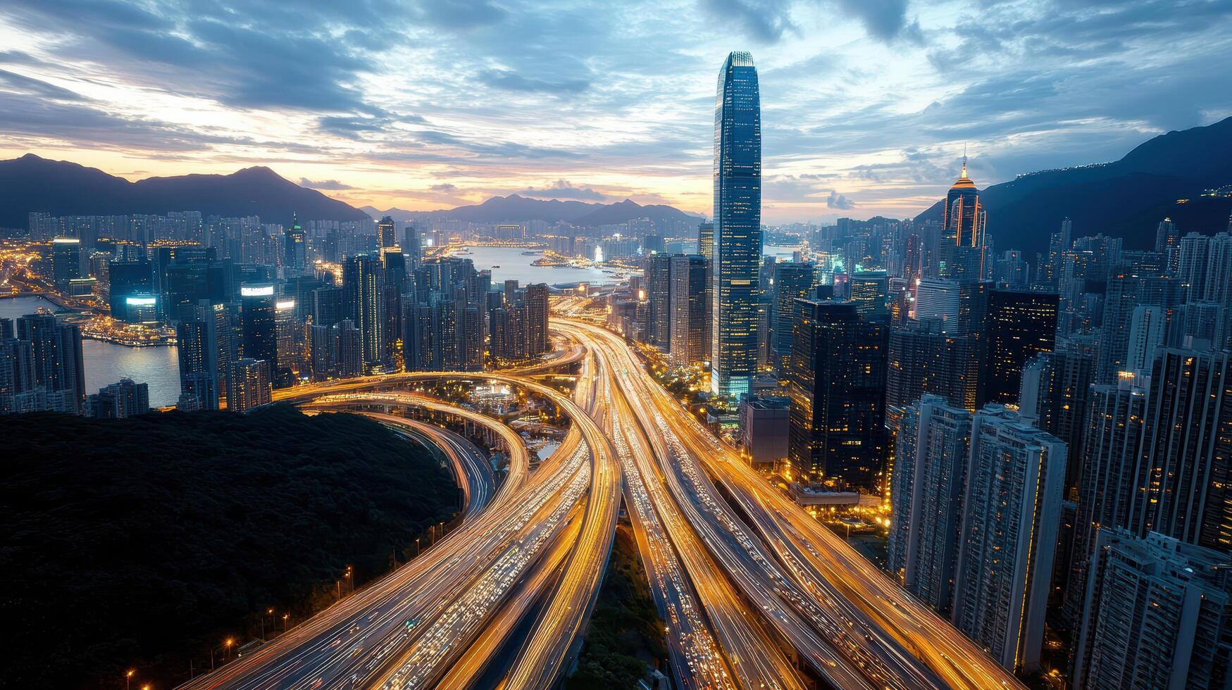 Hong kong cityscape at dusk with traffic lights photo