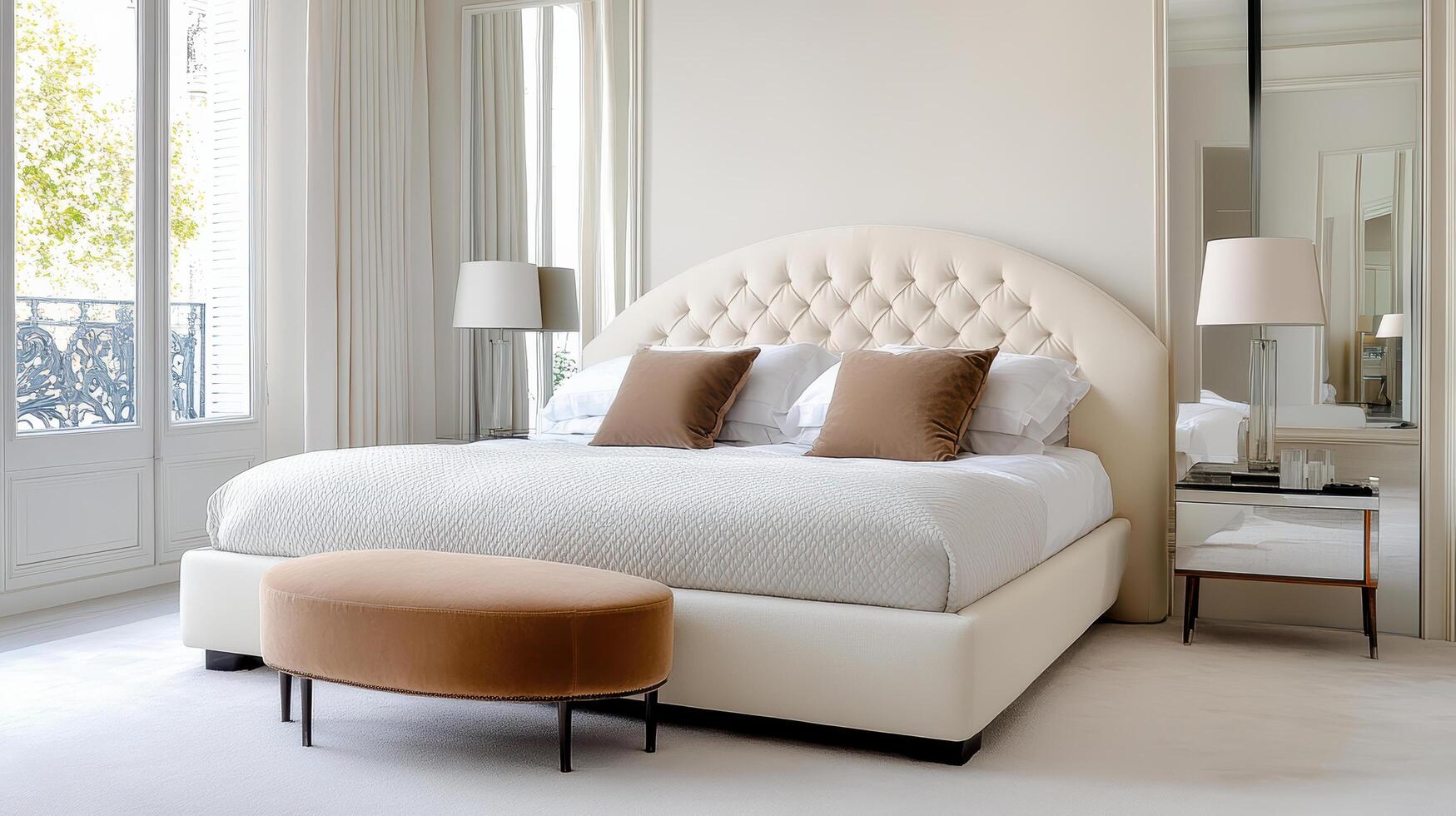 A white bedroom with a bed and a foot stool photo