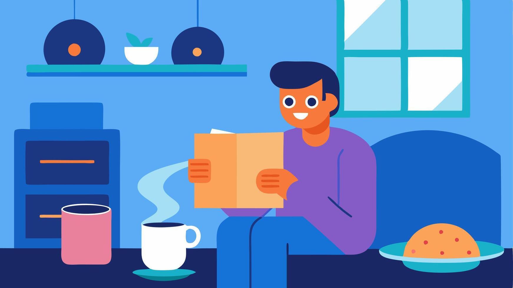 News Update An individual in the living room listening to the news from a smart speaker while enjoying breakfast with a newspaper in hand.. vector