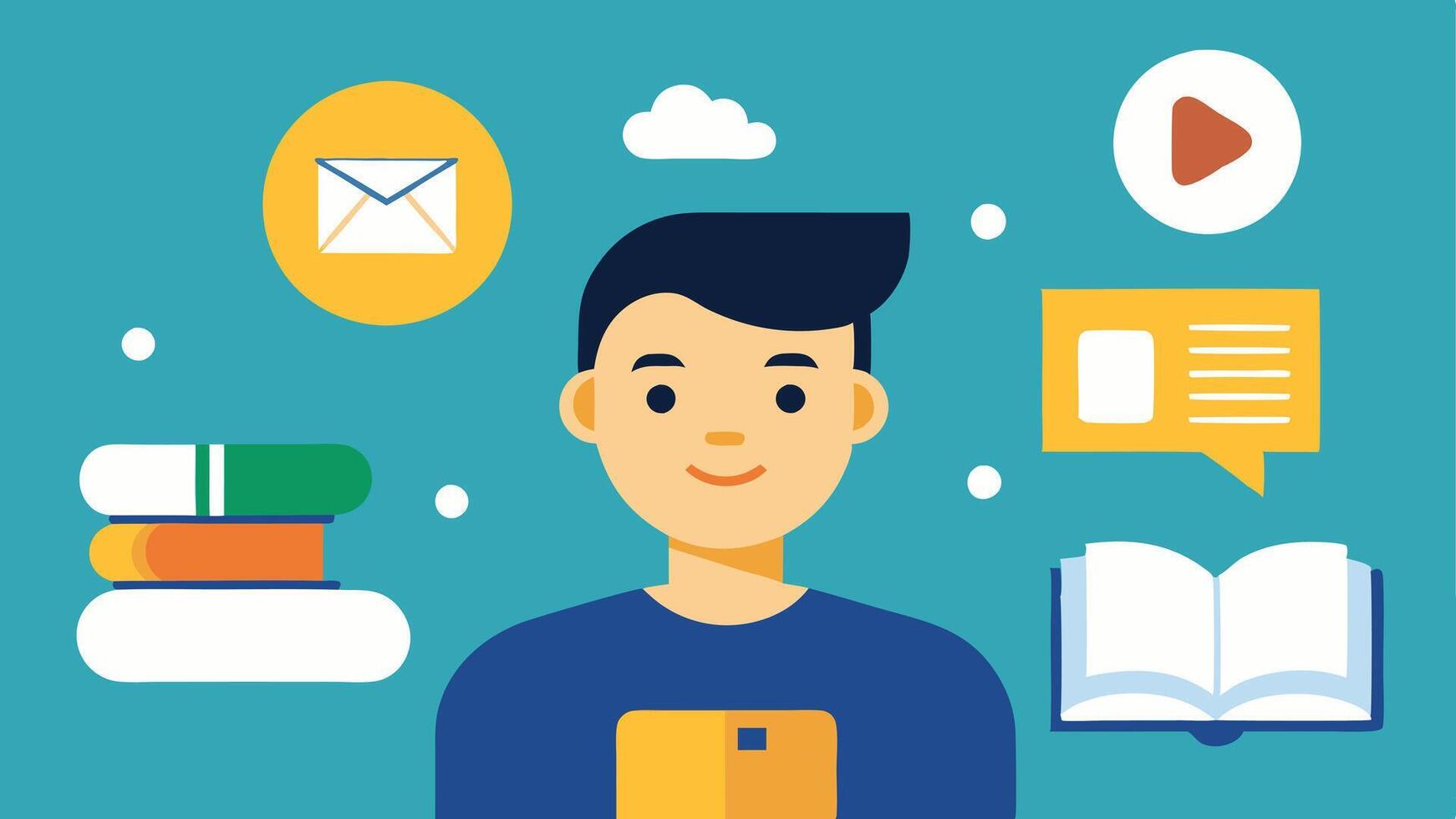 AIPowered Recommendations A visualization of a student receiving personalized book and recommendations through a digital assistant showing various educational materials. vector