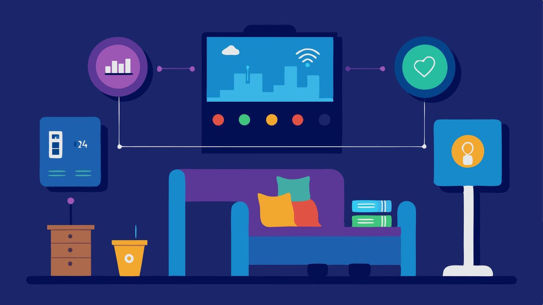 Home Automation Integration A living room dashboard that integrates with a smart meter controlling various devices like lights and heating based on realtime energy data.. vector