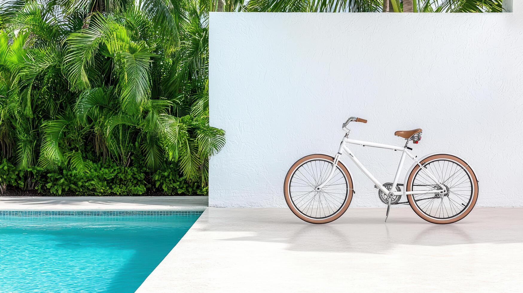 A bicycle is parked near a pool photo