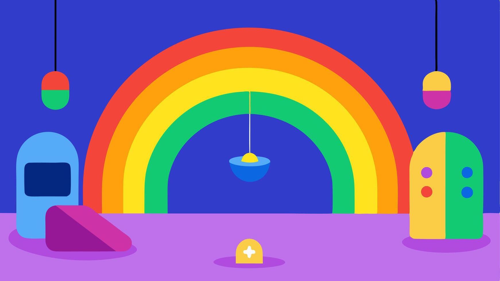Childrens Playroom A colorful playroom with lights that adjust to vibrant colors as children play along with a remote control showing a rainbow spectrum for user customization.. vector