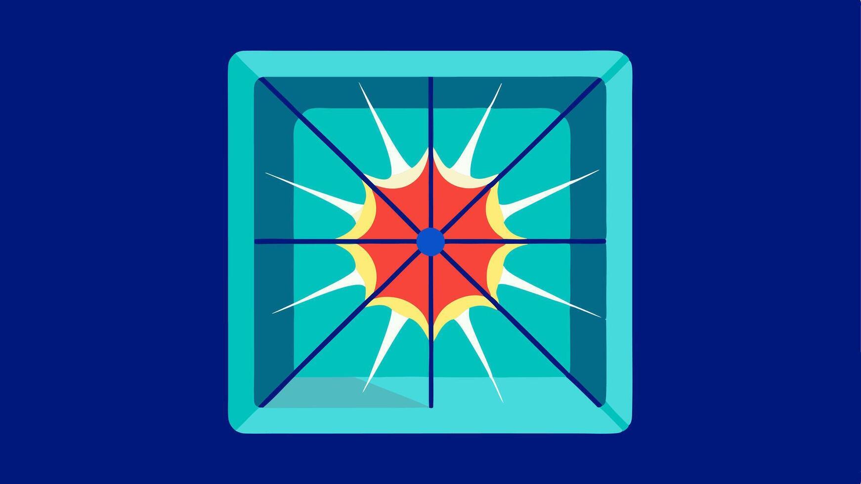 Fractured Glass An illustration of a clear glass pane with spiderweblike cracks radiating outward. In the center of the glass a bright colorful burst of abstract shapes and. vector